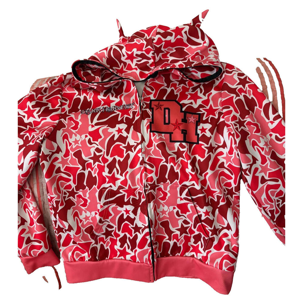 Rare Harajuku Dark Harvest Hoodie – Red Pink Cowboy Hat & Star Pattern Streetwea